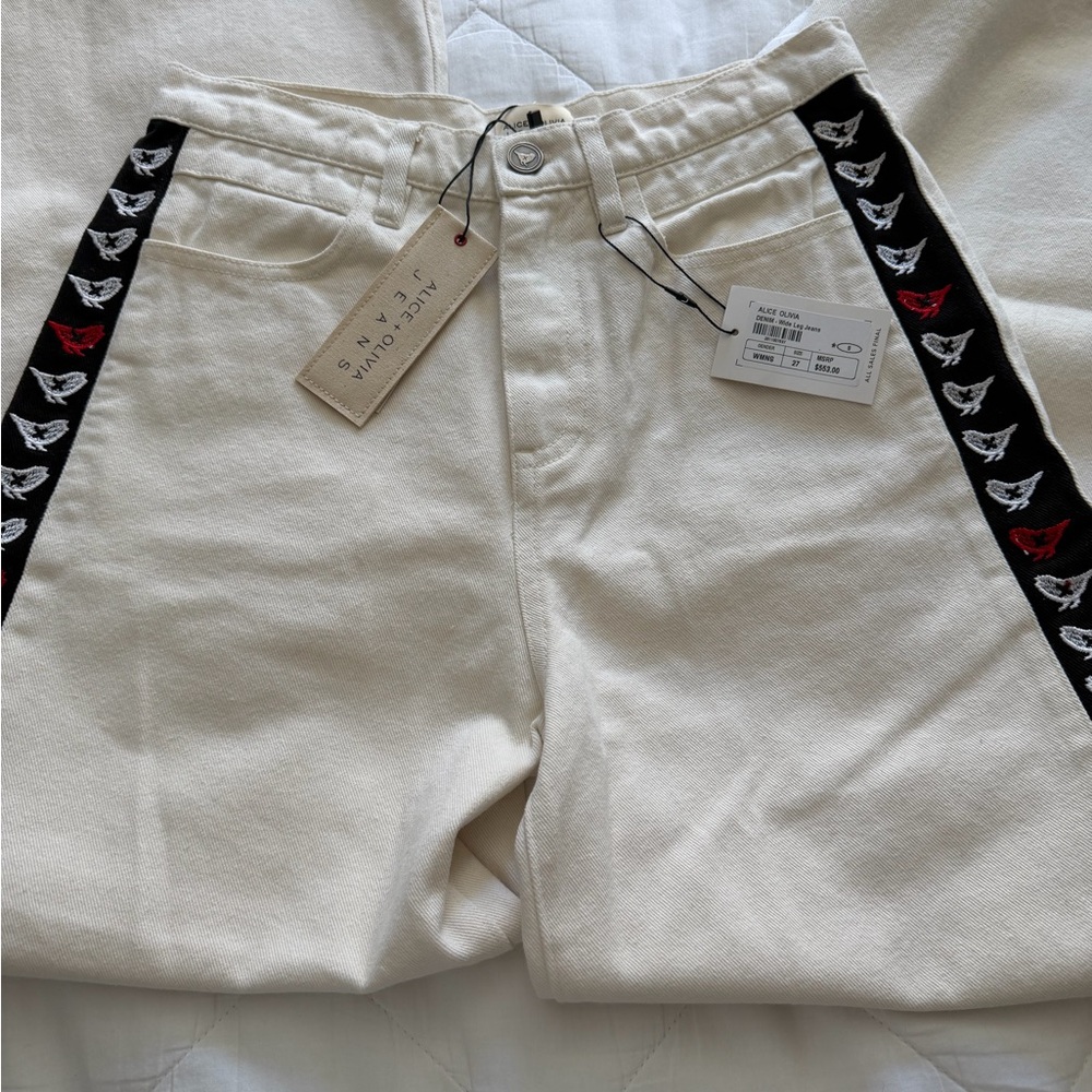 Alice + Olivia Cream Pants with Bird Embroidery size 27, NWT